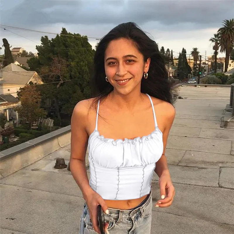 Camiseta sin mangas con volantes para mujer, Top Sexy a la moda para mujer, Top corto ajustado fruncido sin tirantes, camisola, ropa femenina 2022
