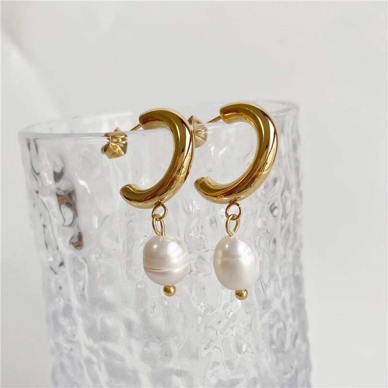 Joolim Real Pearl Hoop Earrings — Stainless Steel Elegant Party Jewelry
