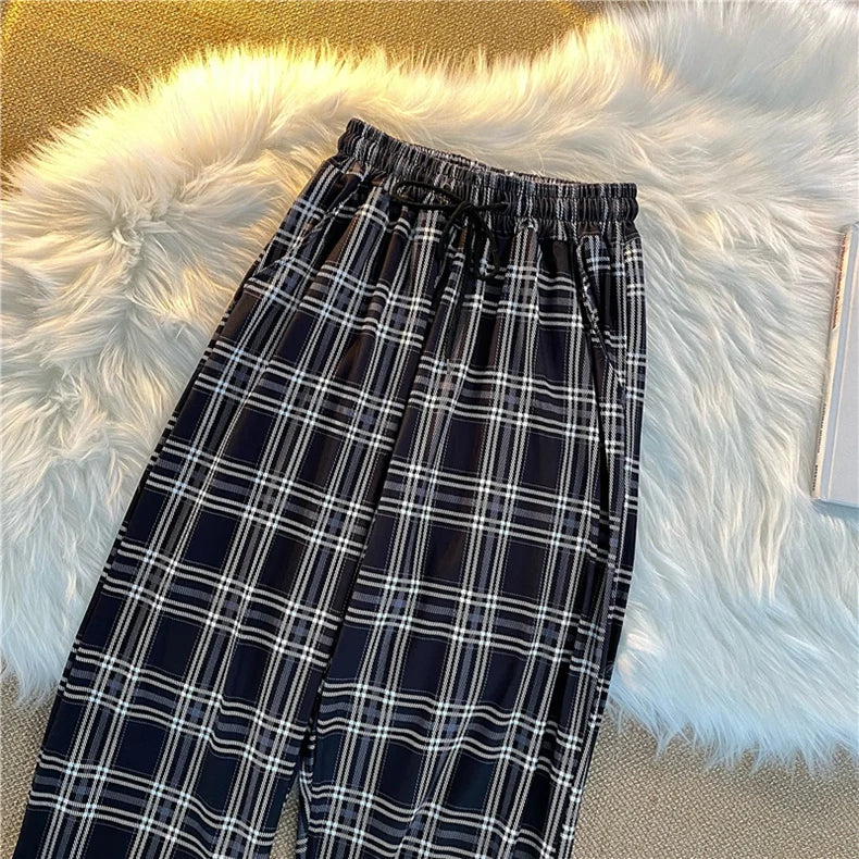 Pantalones Mujer nuevo montón de pies moda suelta negro a cuadros verano Harajuku estudiantes ropa de calle Harem pantalones largos mujer Chic