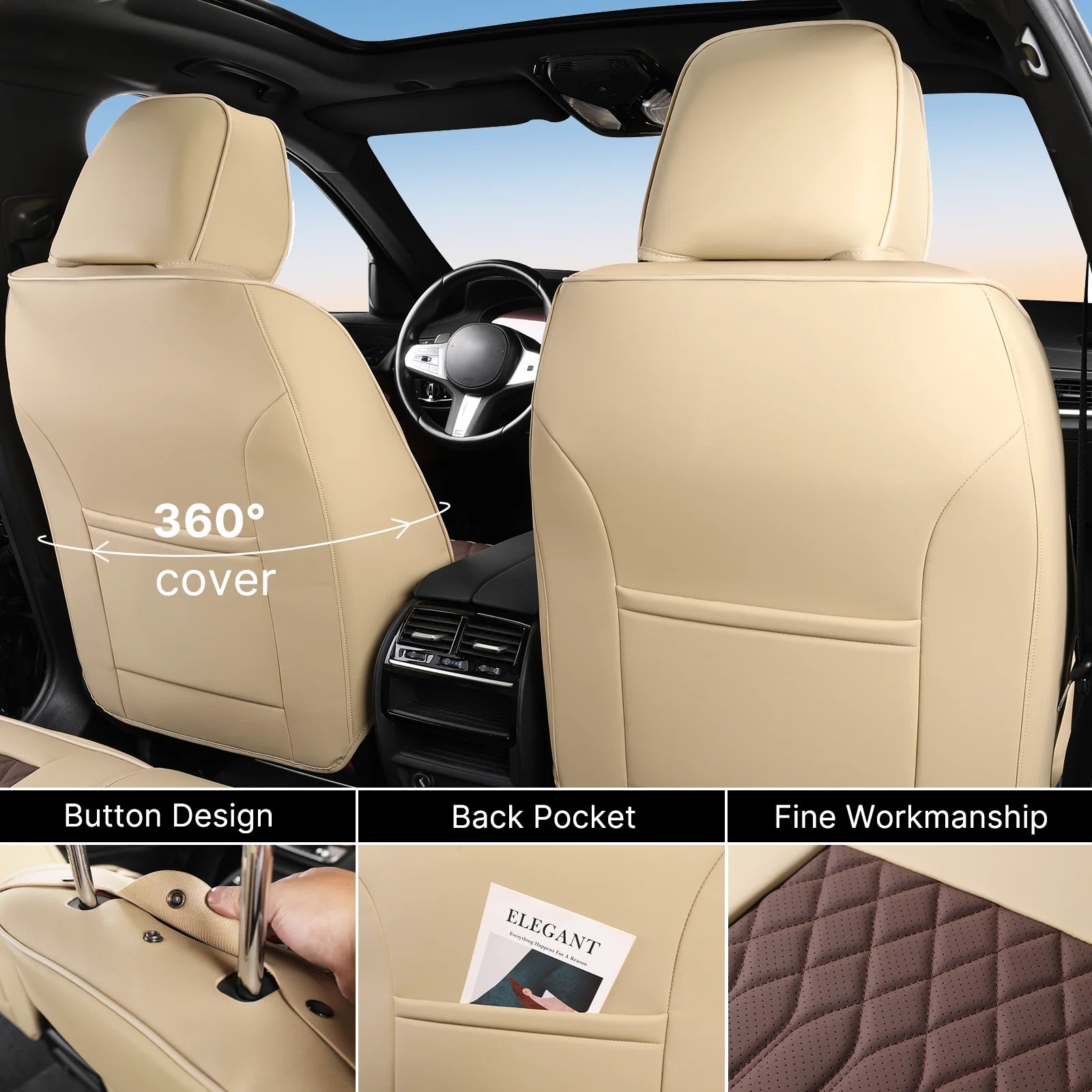 Xiangta Full Set 3D Car Seat Covers Universal Fit for Most Cars Breathable Nappa Leather Car Seat Cushion with Storage Bags