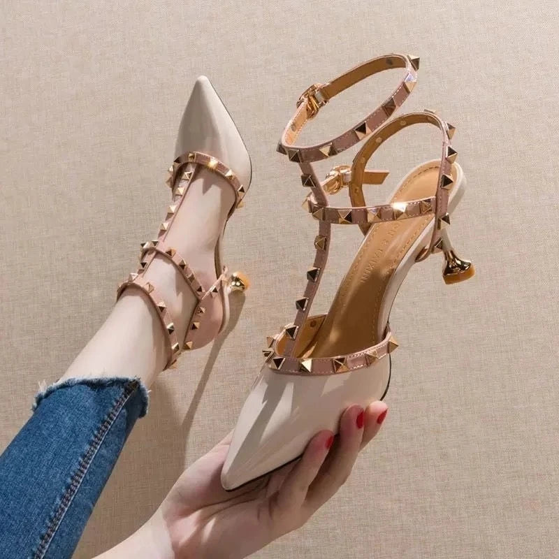 2026 Rivet High Heel Pumps Pointed Toe Sexy Shoes Sandals for Women Summer Outdoor Patent Leather