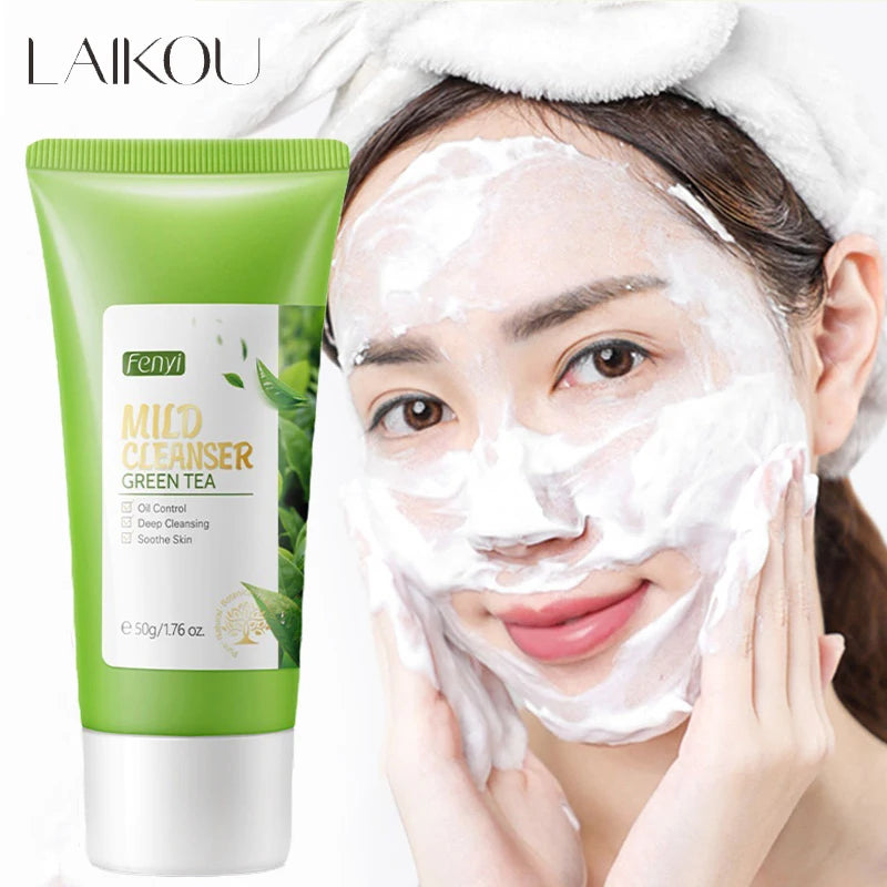 Limpiador Facial de té verde, 50g, plantas naturales, limpieza profunda, Control de aceite, hidratante, ilumina, suaviza la piel, espuma densa, cuidado de la piel