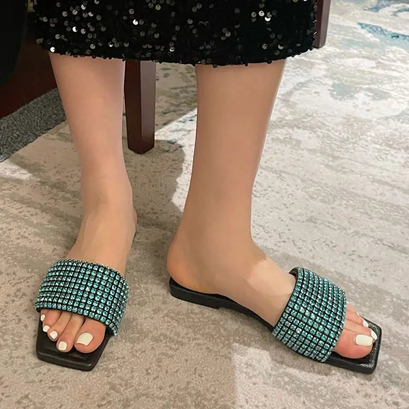 Diamond Sandalias Planas 2022 Luxury Rhinestone Women's Slippers for Women Lady Outdoor Flat Sandals