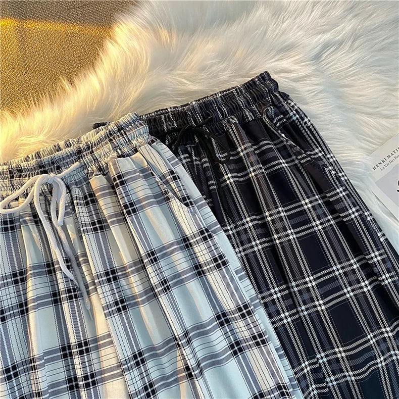 Pantalones Mujer nuevo montón de pies moda suelta negro a cuadros verano Harajuku estudiantes ropa de calle Harem pantalones largos mujer Chic