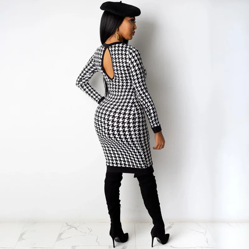 Vestido Midi de manga larga con estampado de pata de gallo para mujer, vestido ceñido calado, ropa de calle Sexy, elegante y ajustado para otoño e invierno 2022