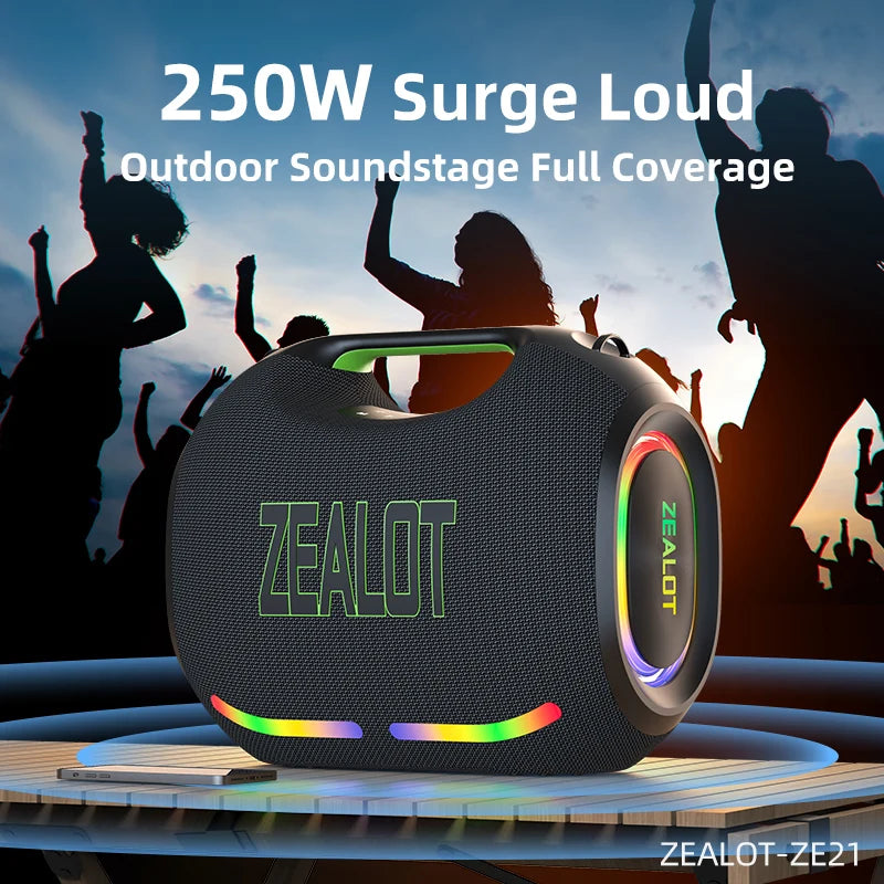 ZEALOT ZE21 250W Portable Speaker with 2 Wireless Microphones, RGB Lights & EQ, Supports TWS/TF/USB/AUX for Home Party