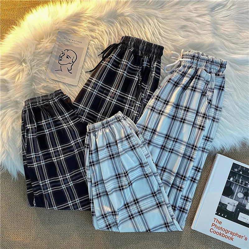 Pantalones Mujer nuevo montón de pies moda suelta negro a cuadros verano Harajuku estudiantes ropa de calle Harem pantalones largos mujer Chic