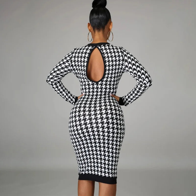 Vestido Midi de manga larga con estampado de pata de gallo para mujer, vestido ceñido calado, ropa de calle Sexy, elegante y ajustado para otoño e invierno 2022