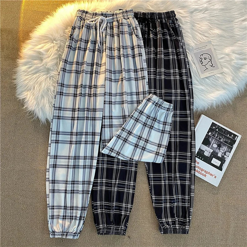 Pantalones Mujer nuevo montón de pies moda suelta negro a cuadros verano Harajuku estudiantes ropa de calle Harem pantalones largos mujer Chic
