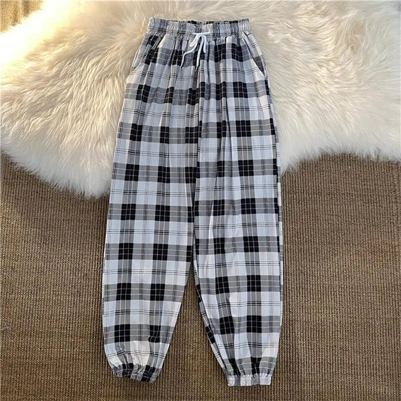 Pantalones Mujer nuevo montón de pies moda suelta negro a cuadros verano Harajuku estudiantes ropa de calle Harem pantalones largos mujer Chic