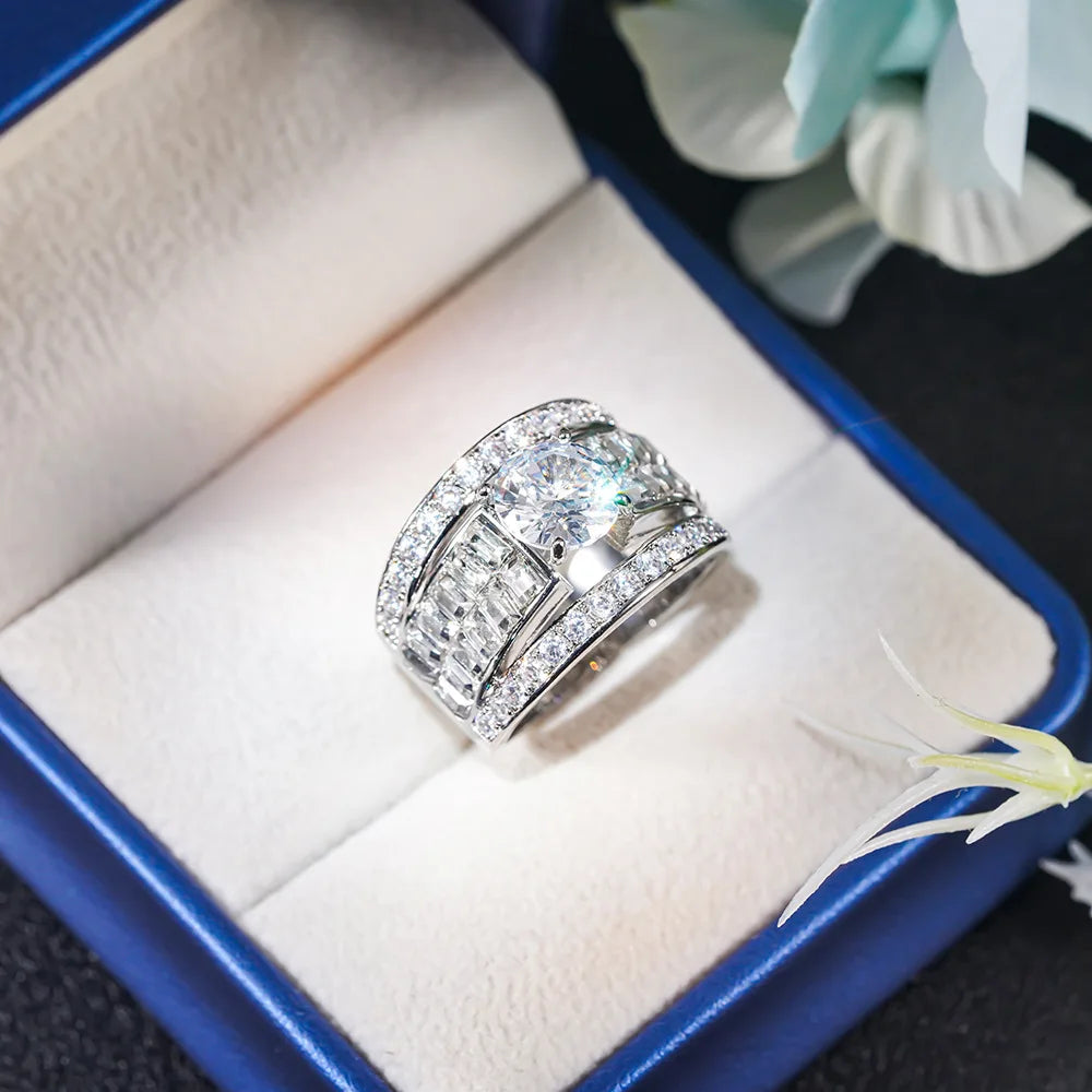 T0408 Diamond Ring Women's Round Brilliant Cut Natural Diamond Baguette Side Stones Classic Engagement Style