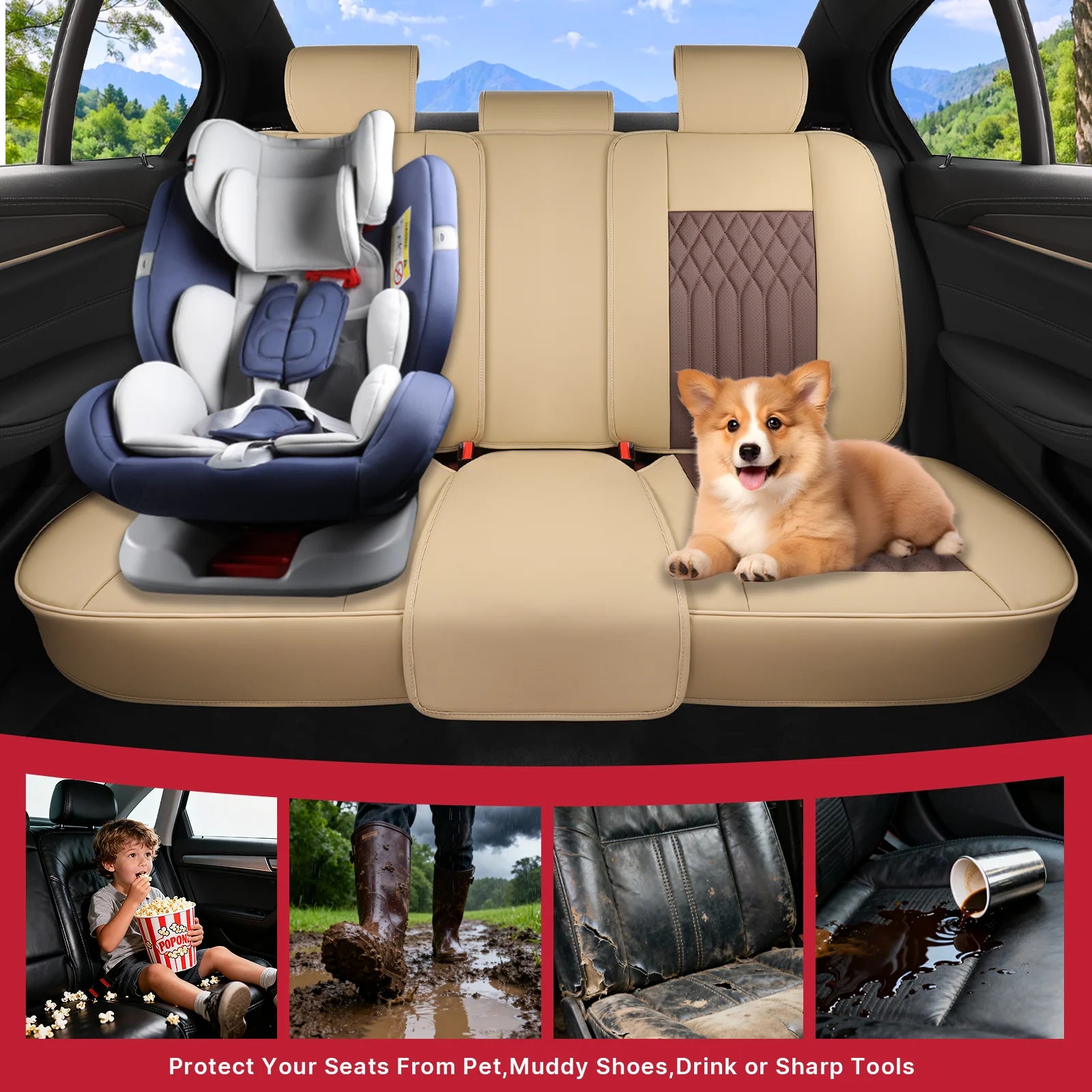 Xiangta Full Set 3D Car Seat Covers Universal Fit for Most Cars Breathable Nappa Leather Car Seat Cushion with Storage Bags