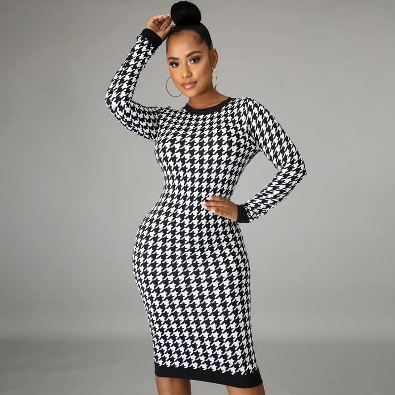 Vestido Midi de manga larga con estampado de pata de gallo para mujer, vestido ceñido calado, ropa de calle Sexy, elegante y ajustado para otoño e invierno 2022