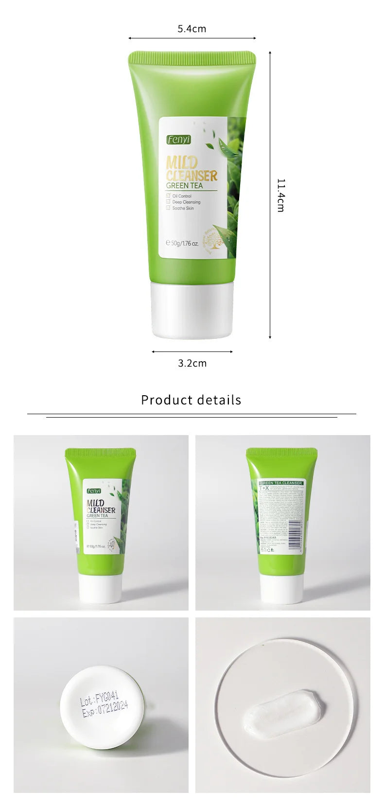 Limpiador Facial de té verde, 50g, plantas naturales, limpieza profunda, Control de aceite, hidratante, ilumina, suaviza la piel, espuma densa, cuidado de la piel