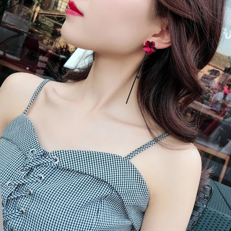 Pendientes clásicos Retro con borlas de flores rojas y vino para mujer, colgante largo con temperamento, joyería de estilo coreano