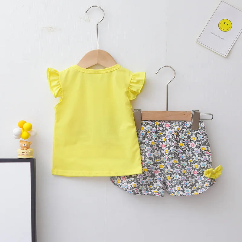 Nueva moda de verano, ropa para niñas, chaleco bonito de dibujos animados, pantalones cortos, 2 unids/set, traje deportivo para niños, trajes, chándales para niños