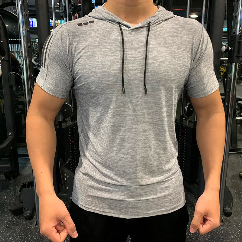 Camiseta deportiva para gimnasio con capucha para correr para hombre, camiseta ajustada de alta elasticidad transpirable de secado rápido para culturismo, camisetas para hombre