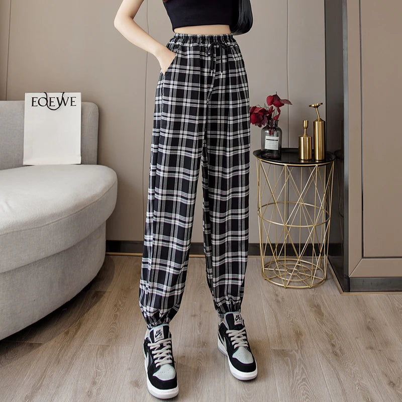 Pantalones Mujer nuevo montón de pies moda suelta negro a cuadros verano Harajuku estudiantes ropa de calle Harem pantalones largos mujer Chic