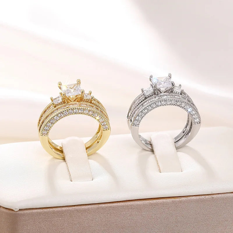 H444 Princess Cut Diamond Engagement Ring Yellow Gold Women's Natural Diamond D Color 3 Stone Band with 3 Side Stones