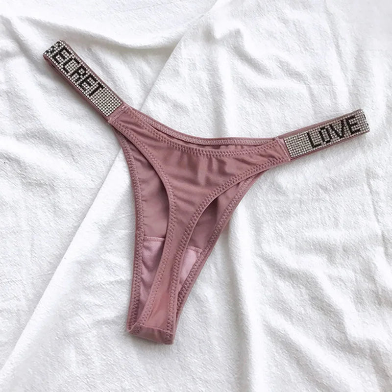 Tangas sexis de cintura baja para mujer, bragas con diamantes de imitación y letras, Tanga deportiva, pantalones cortos, calzoncillos con espalda en T, talla S-XL para Fitness