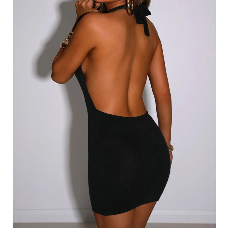 Vestido ajustado negro para mujer, minivestido Sexy ajustado con cuello Halter y espalda descubierta, vestido recortado sin mangas para fiesta en la playa de verano