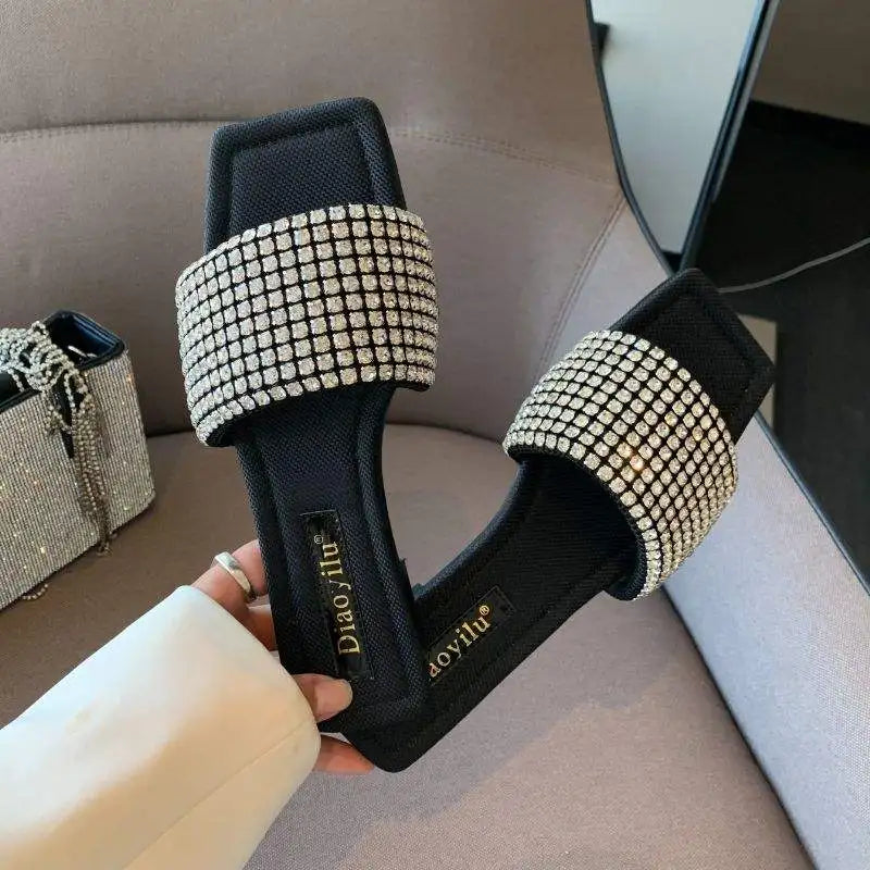 Diamond Sandalias Planas 2022 Luxury Rhinestone Women's Slippers for Women Lady Outdoor Flat Sandals
