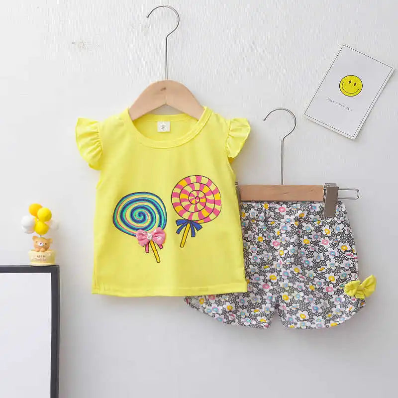 Nueva moda de verano, ropa para niñas, chaleco bonito de dibujos animados, pantalones cortos, 2 unids/set, traje deportivo para niños, trajes, chándales para niños