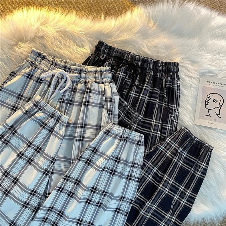 Pantalones Mujer nuevo montón de pies moda suelta negro a cuadros verano Harajuku estudiantes ropa de calle Harem pantalones largos mujer Chic