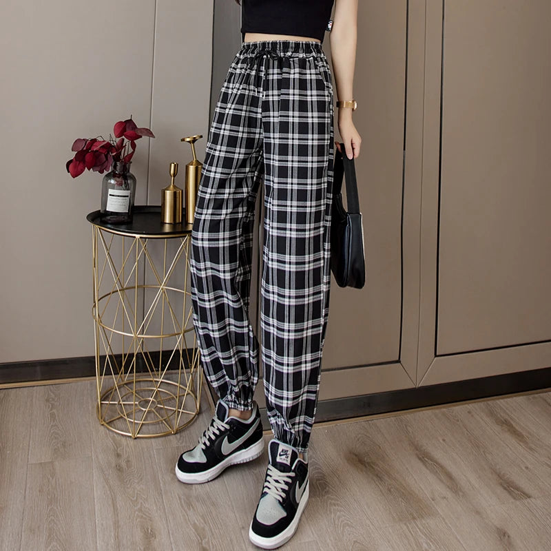 Pantalones Mujer nuevo montón de pies moda suelta negro a cuadros verano Harajuku estudiantes ropa de calle Harem pantalones largos mujer Chic