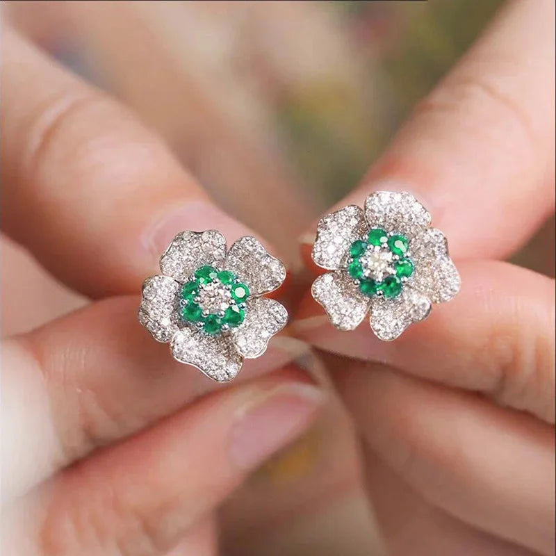 E3307 Green Flower Stud Earrings Women's Luxury Fine Jewelry Claw Setting Main Stone Green