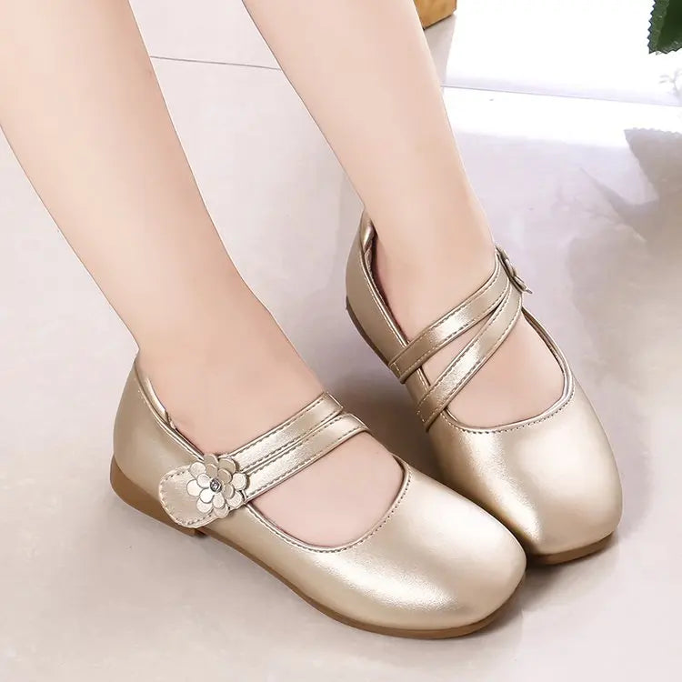 Zapatos de princesa para niñas, zapatos de cuero para niñas medianas y grandes, zapatos planos informales con flores florales para espectáculo de cumpleaños y bodas