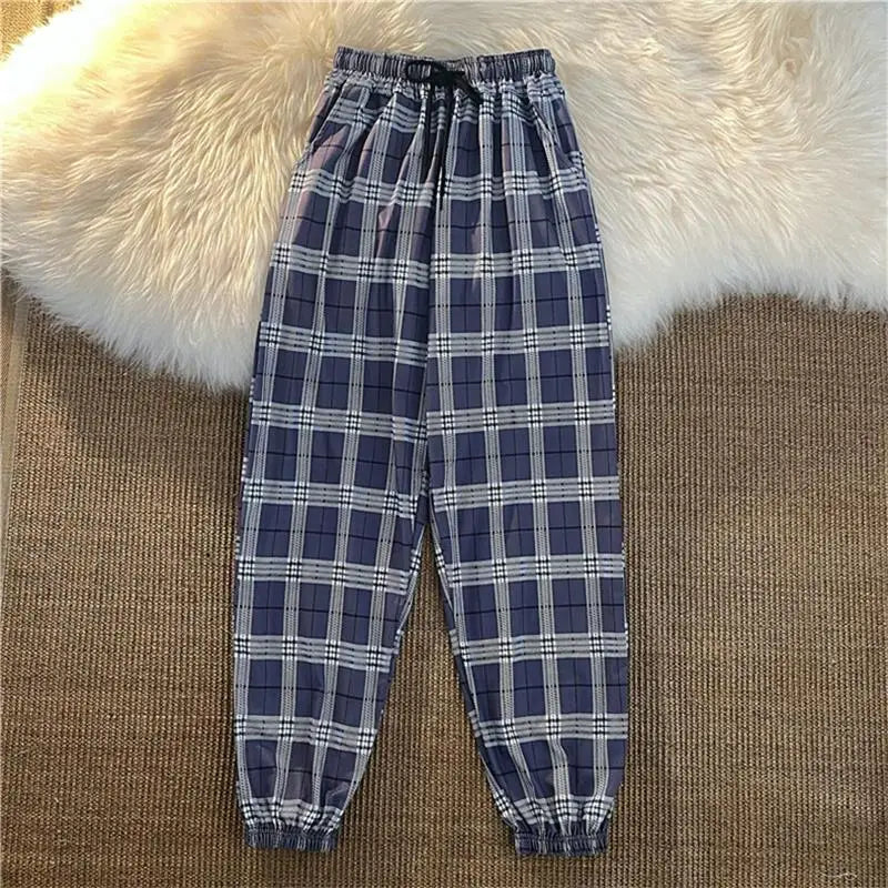 Pantalones Mujer nuevo montón de pies moda suelta negro a cuadros verano Harajuku estudiantes ropa de calle Harem pantalones largos mujer Chic
