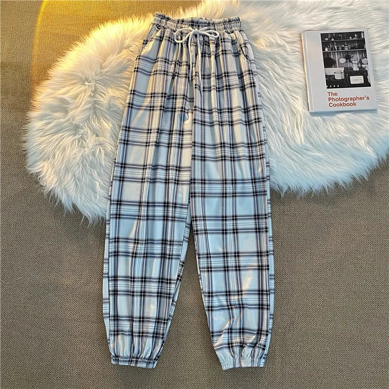 Pantalones Mujer nuevo montón de pies moda suelta negro a cuadros verano Harajuku estudiantes ropa de calle Harem pantalones largos mujer Chic