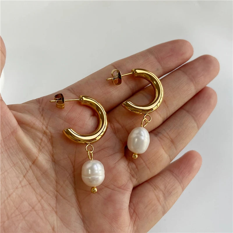 Joolim Real Pearl Hoop Earrings — Stainless Steel Elegant Party Jewelry