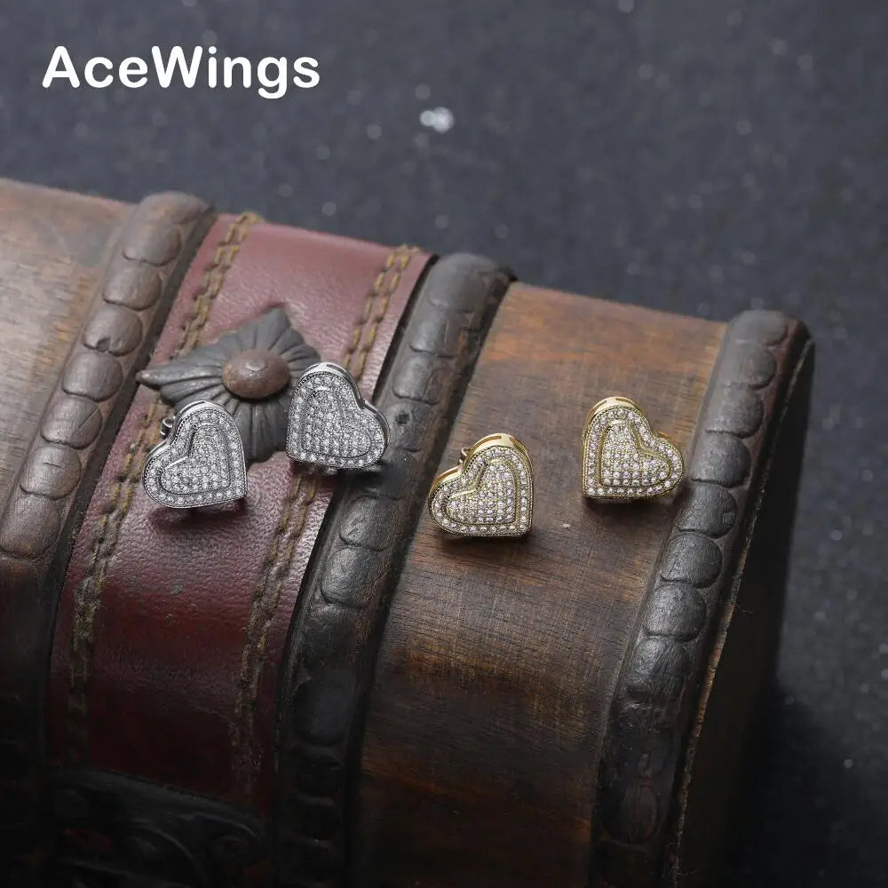 AceWings CZ Heart Shape Stud Earrings — Gold Plated Iced Out Hip Hop Jewelry