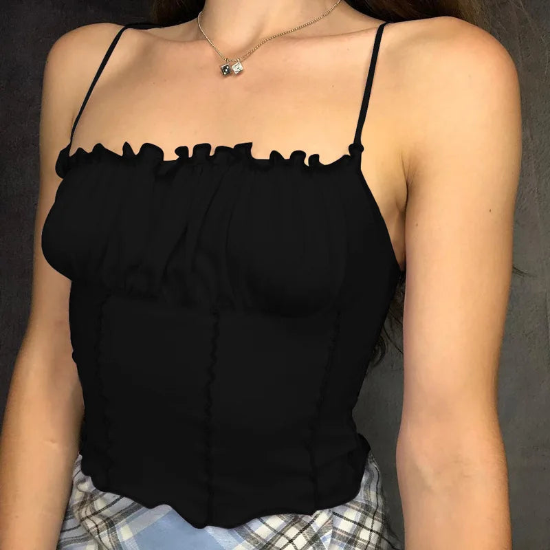 Camiseta sin mangas con volantes para mujer, Top Sexy a la moda para mujer, Top corto ajustado fruncido sin tirantes, camisola, ropa femenina 2022