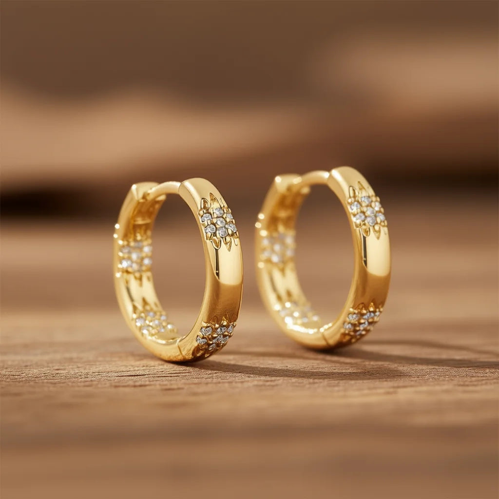 E3838 Gold Hoop Earrings Women's Classic Flower Design Zircon Stone Alloy Jewelry Round Brilliant Cut Claw Setting