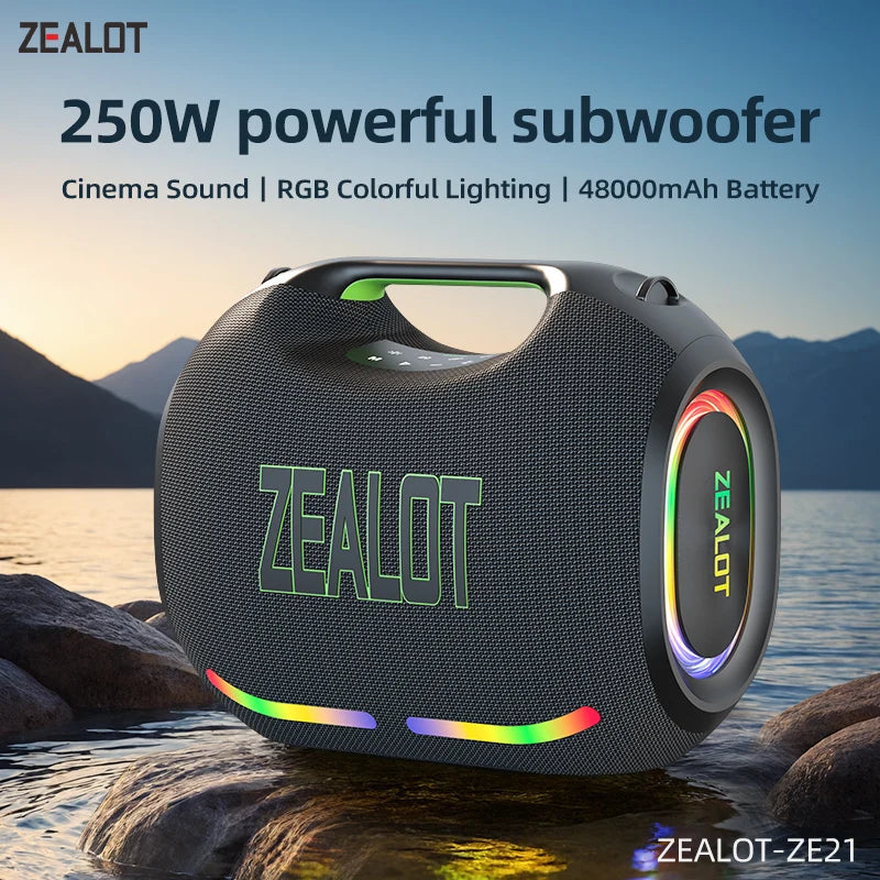 ZEALOT ZE21 250W Portable Speaker with 2 Wireless Microphones, RGB Lights & EQ, Supports TWS/TF/USB/AUX for Home Party