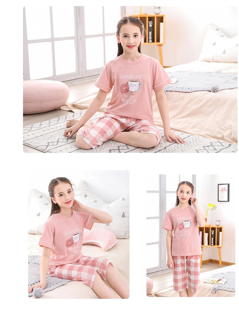 Pijamas de manga corta para adolescentes, 100% algodón, para niños grandes conjuntos de ropa, pijamas para niños, pijamas para niñas de 10, 12, 14 y 16 años