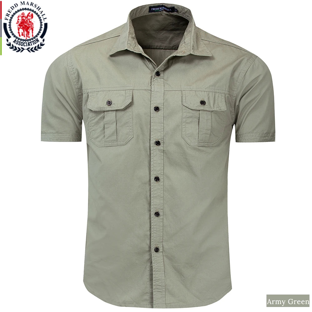 Fredd Marshall nueva camisa militar para hombre camisas Cargo de manga corta 100% algodón Casual camisa sólida camisa de trabajo de bolsillo para hombre 55889