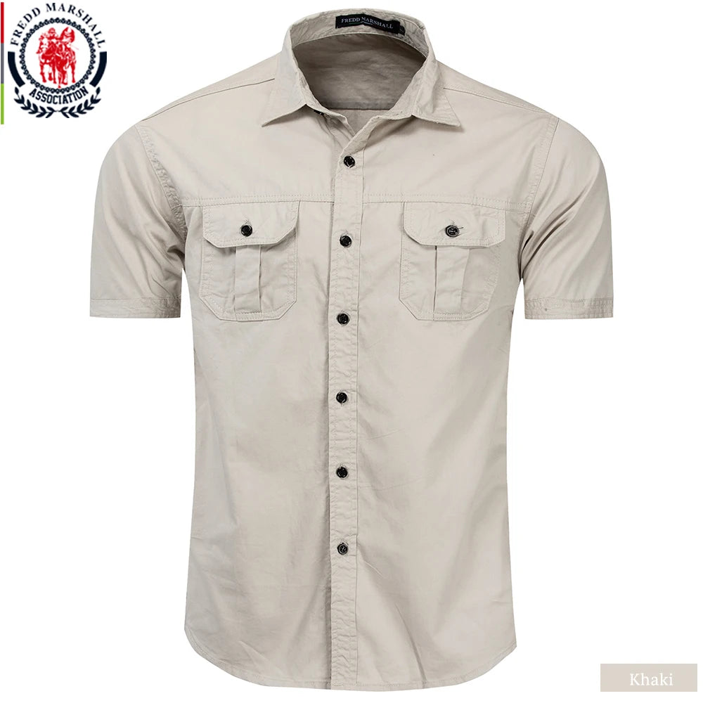 Fredd Marshall nueva camisa militar para hombre camisas Cargo de manga corta 100% algodón Casual camisa sólida camisa de trabajo de bolsillo para hombre 55889