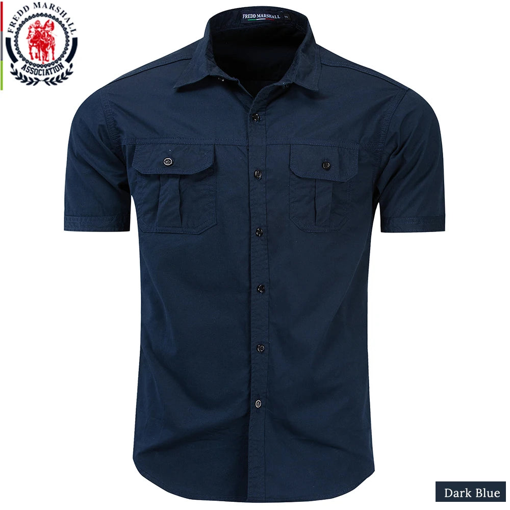 Fredd Marshall nueva camisa militar para hombre camisas Cargo de manga corta 100% algodón Casual camisa sólida camisa de trabajo de bolsillo para hombre 55889