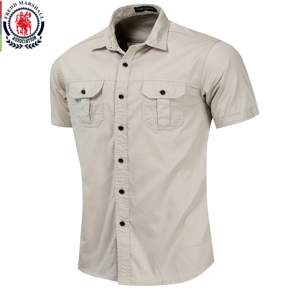 Fredd Marshall nueva camisa militar para hombre camisas Cargo de manga corta 100% algodón Casual camisa sólida camisa de trabajo de bolsillo para hombre 55889