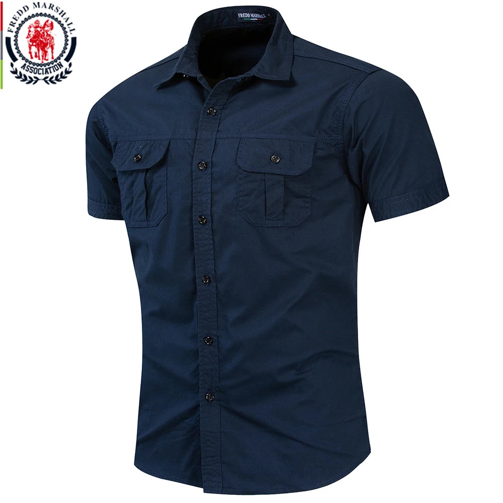 Fredd Marshall nueva camisa militar para hombre camisas Cargo de manga corta 100% algodón Casual camisa sólida camisa de trabajo de bolsillo para hombre 55889