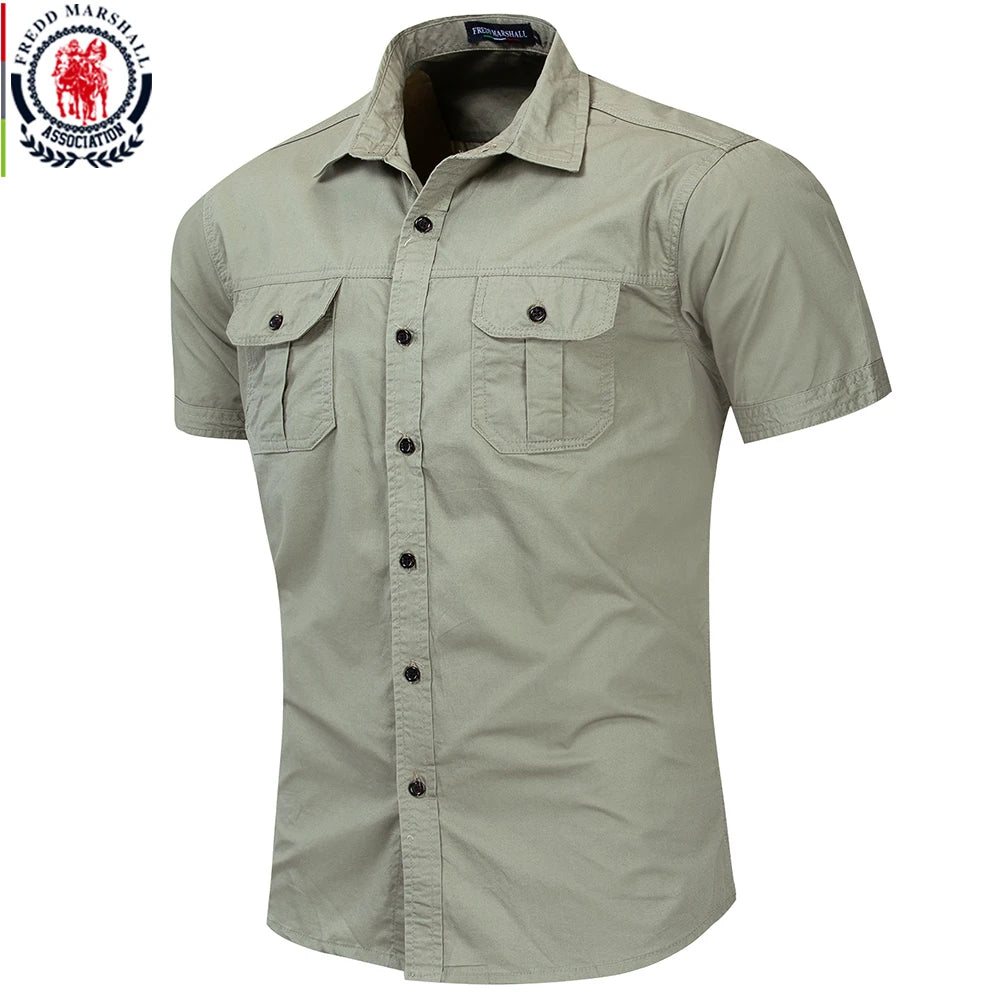 Fredd Marshall nueva camisa militar para hombre camisas Cargo de manga corta 100% algodón Casual camisa sólida camisa de trabajo de bolsillo para hombre 55889