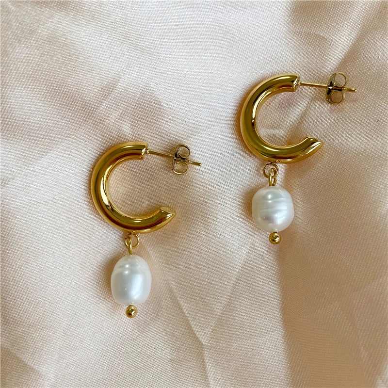 Joolim Real Pearl Hoop Earrings — Stainless Steel Elegant Party Jewelry