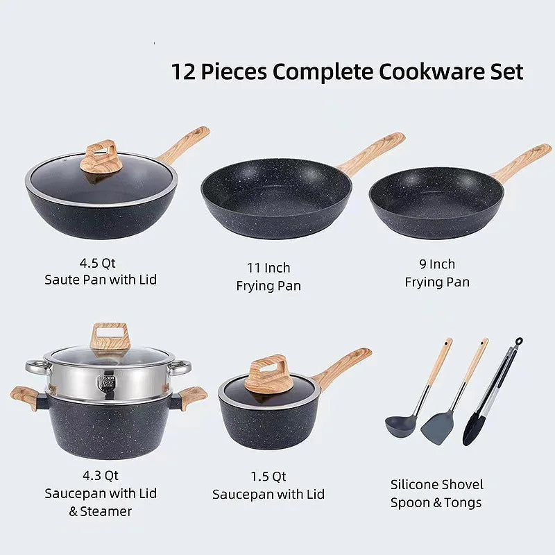 PFAS PFOA PFOS Free 12pcs Pots and Pans Set, Non-toxic Healthy Non Stick Kitchen Cookware Cooking Tools