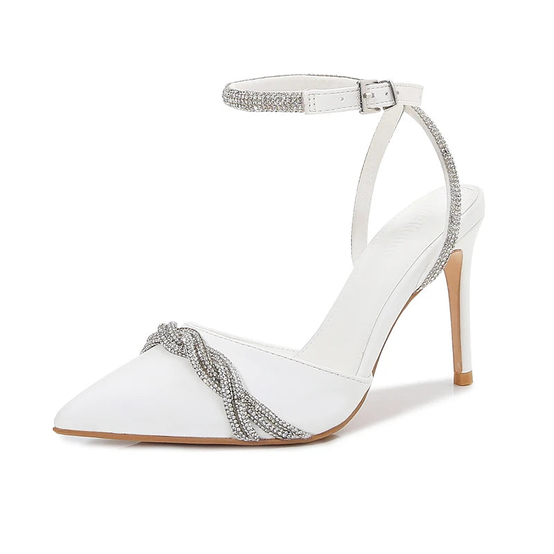 French Heels Sandals Pumps for Women PU Solid Summer Shoes with Pointy High Heels and Rhinestones Zapatos De Mujer