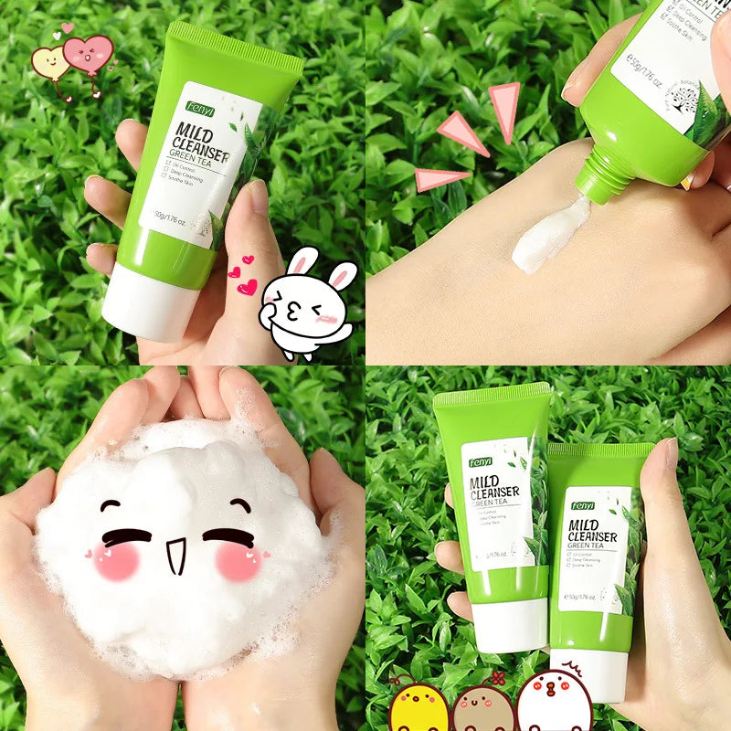 Limpiador Facial de té verde, 50g, plantas naturales, limpieza profunda, Control de aceite, hidratante, ilumina, suaviza la piel, espuma densa, cuidado de la piel