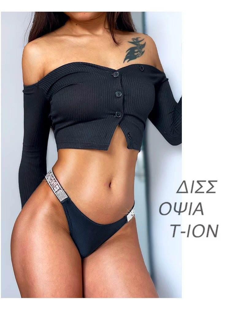 Tangas sexis de cintura baja para mujer, bragas con diamantes de imitación y letras, Tanga deportiva, pantalones cortos, calzoncillos con espalda en T, talla S-XL para Fitness